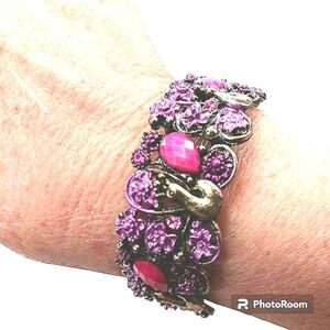 Vintage Bracelet Cuff Jeweled Brass Red Peacock Friendship & Renewal